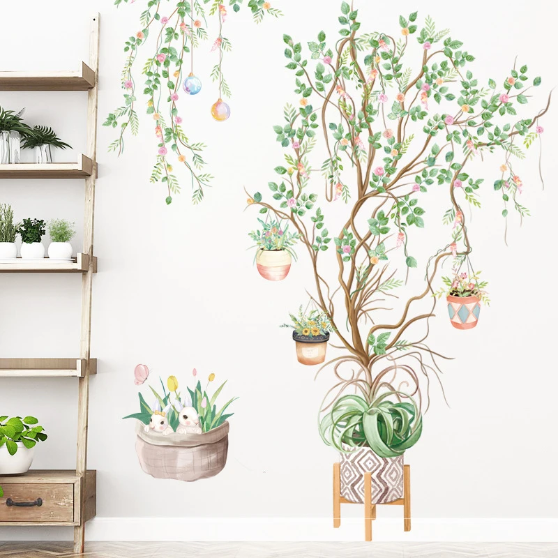 

Rabbit Potted Plant Bonsai Vine Wall Stickers for Home Decor Living Room PVC DIY Wall Decals Mural Room Decoration NEW
