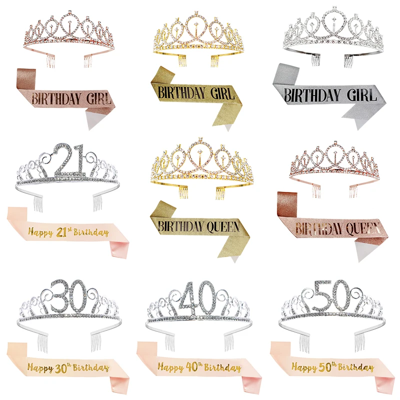

21 30 40 50 Birthday Party Decoration Rose Gold Silver Satin Sash and Crystal Crown Tiara for Women's Birthday Anniversary Party