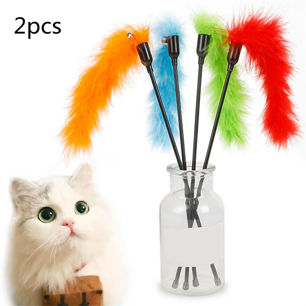 

2pcs Cat Teaser Toy Random Color Feather With Bell Jingle Tease Cat Stick Chaser Wand Toy Cat Interactive Toy Pet Supplies
