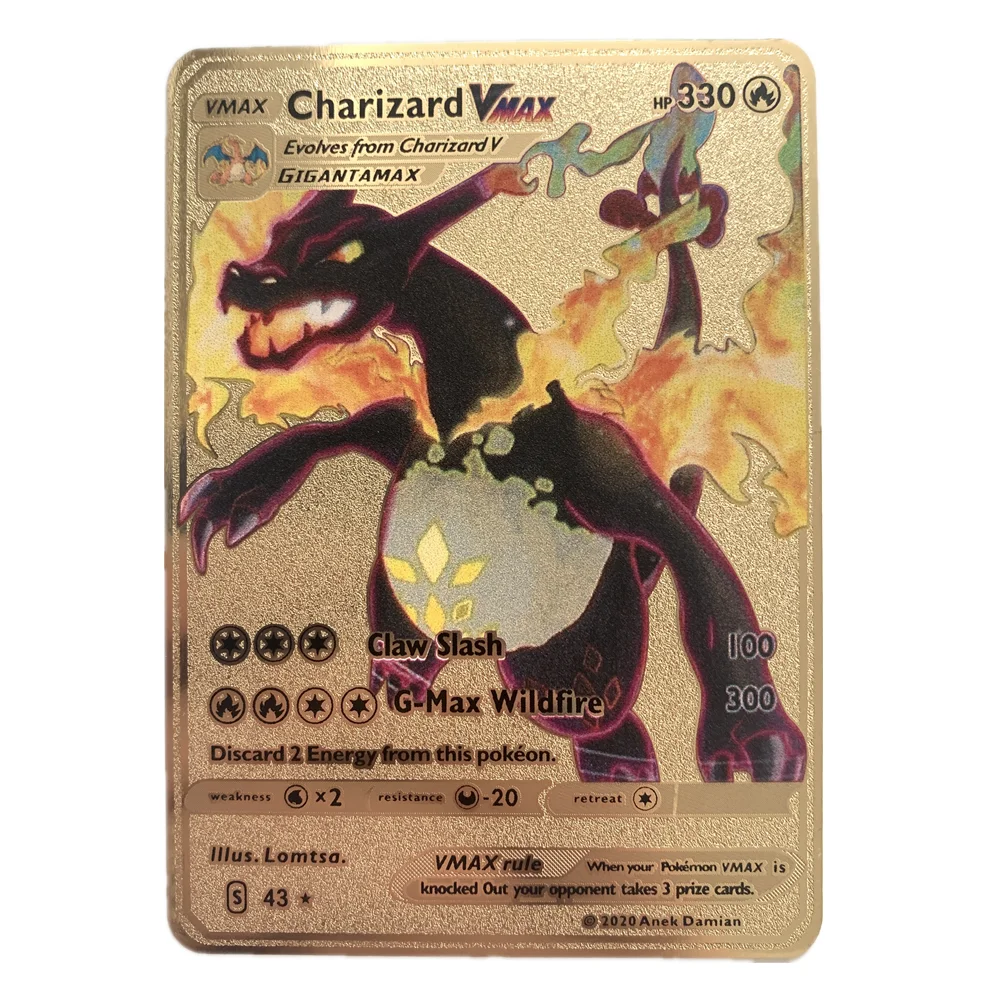 

Pokemon Vmax Shiny Card Charizard Gold Metal Trading Fire-breathing Dragon Game Label Team Battle Carte Series Children's Toys