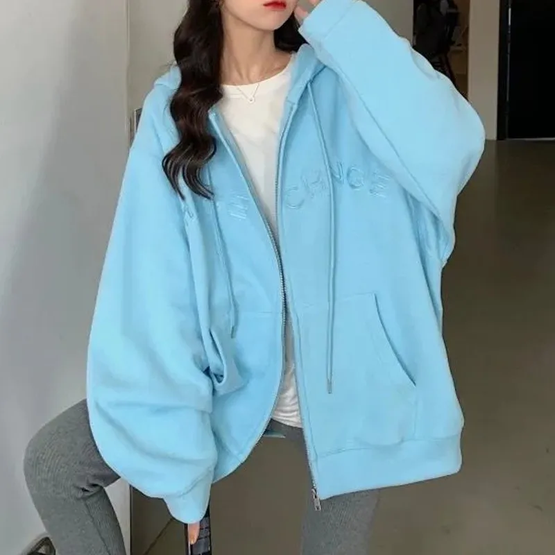 

Hoodies Women Letter Embroidered Zipper Hooded Sweatshirt Autumn Harajuku Long Sleeve Chic Loose Hoodie Cardigan For Female