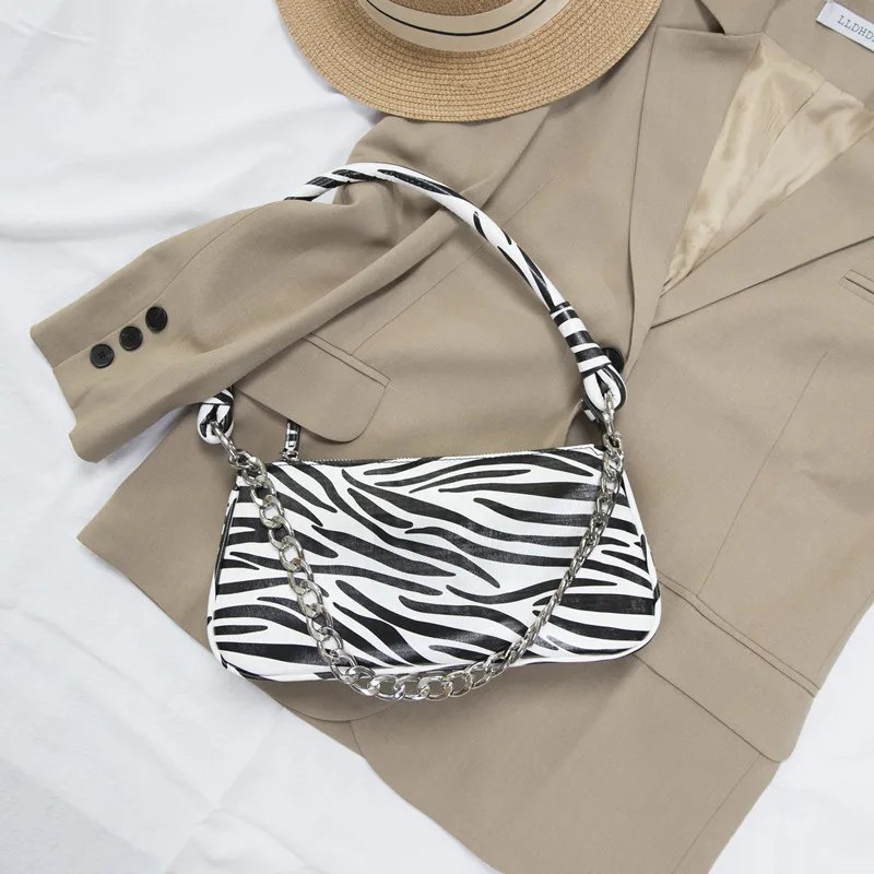 

2021 Spring Summer Women's Small Fashion Crocodile/zebra Pattern Pu Material Chain One-shoulder Armpit Bag Or Hand-held Baguette