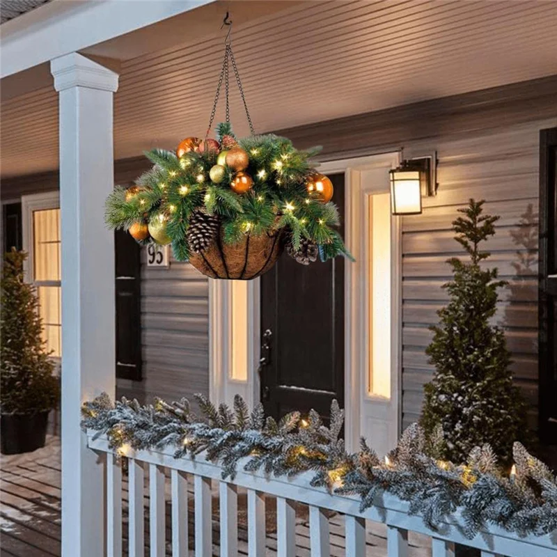 Artificial Christmas Hanging Basket Flocked with Mixed Decorations and LED Lights Ornament Xmas Home Decor Promotion | Дом и сад