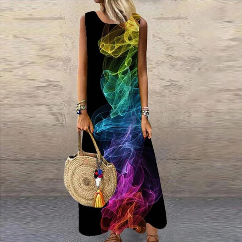 

VIEUNST Summer Casual Women's Dresses Long Floral Print Bohemian Dress Round Neck Sleeveless Loose Vintage Plus Size Skirts 2021
