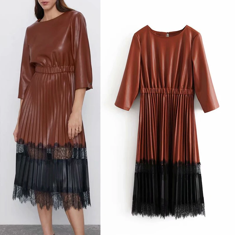 Женское платье с круглым вырезом CFK элегантное коричневое из искусственной кожи