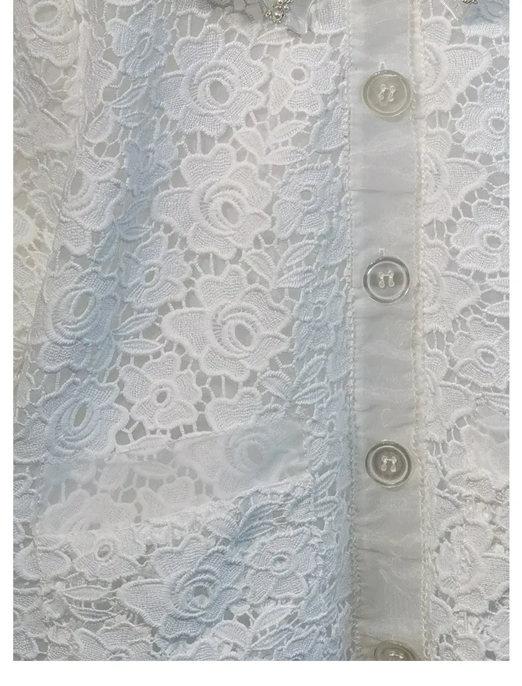 

2021 New Women Short Coat Lady Peter Pan Collar Lace Rose Embroideried Hollow Jacket Female Single-Breasted Outwear Top Pockets