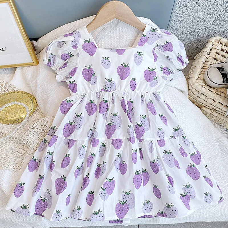 

Print Dress Princess Summer New Clothes Sweet Puff Girl Cute Dress Toddler Strawberry Children's Sleeve Sleeve Strawberry Print