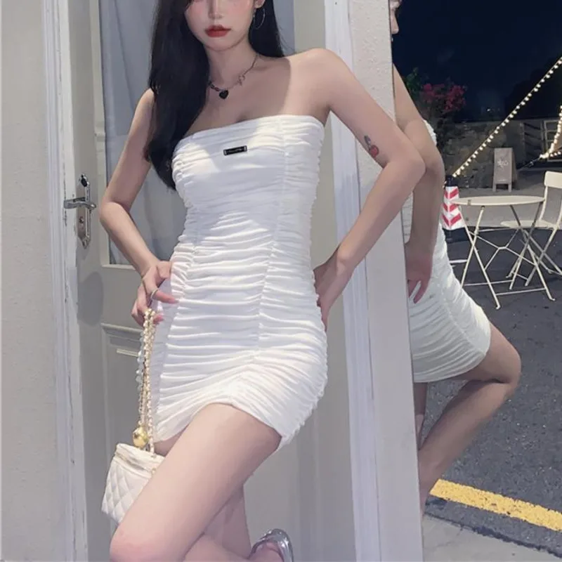 

WOMENGAGA Strapless Slim Fold High Waist Skinny Hip Mini Dress Summer White Letter Hot Sexy Korean Women Dresses 0M0B