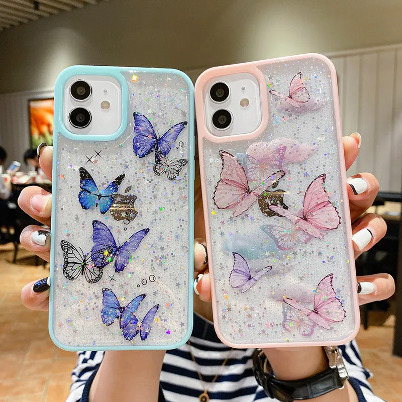 

New Cartoon Clear Glitter Butterfly Phone Case For iPhone 12 11 13 Pro Max 12Mini X XR XS Max 8 7 Plus SE 2020 Camera Protection