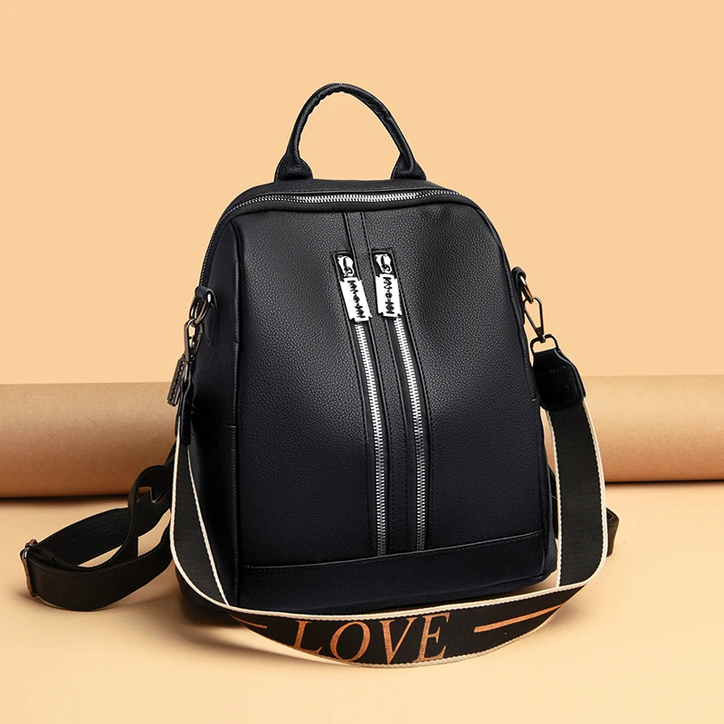 

Casual Women Black Backpack High Quality Leather Backpack Female Crossbody Bags Multifunction School Backpacks for Teenage Girl