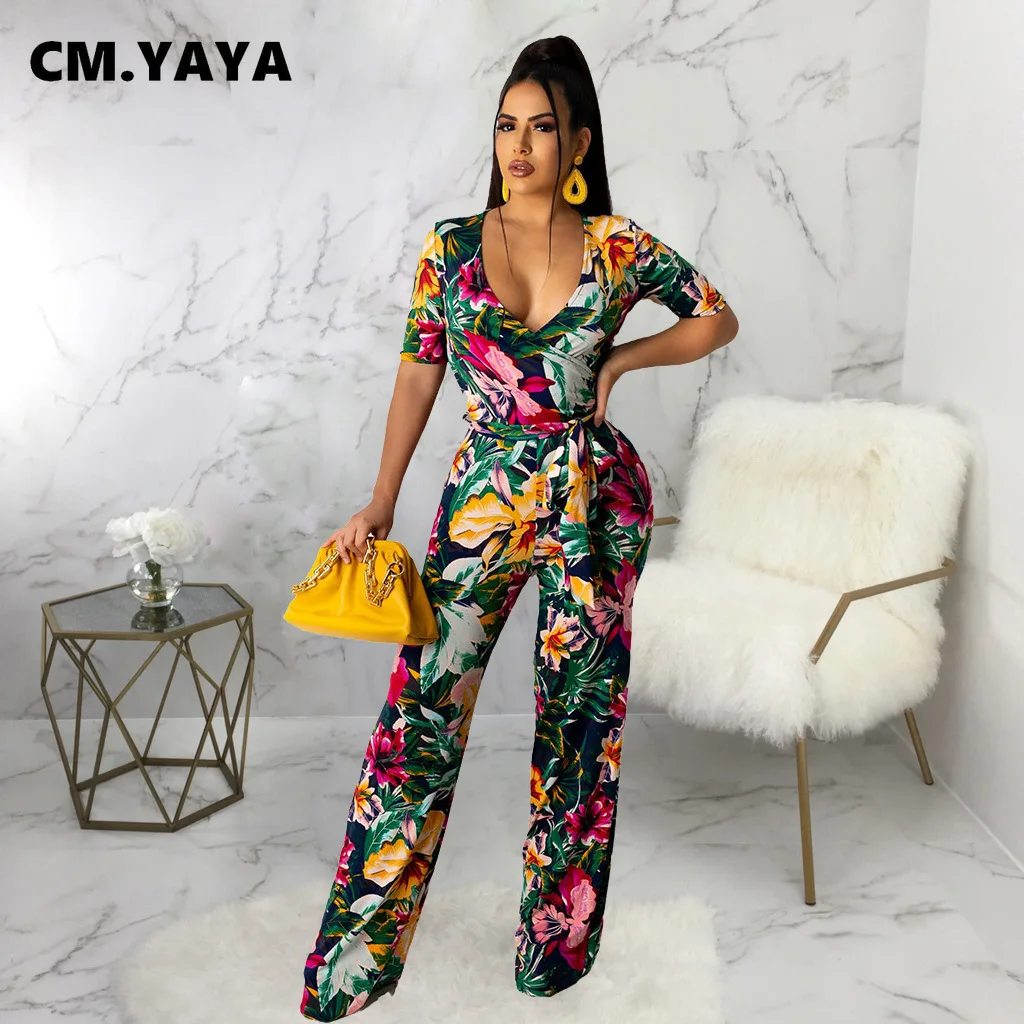 

CM.YAYA Women Jumpsuit Print Short Sleeve V-neck Bandage Sashes Loose Wide Leg Jumpsuits Fashion One Piece Overalls Summer 2021