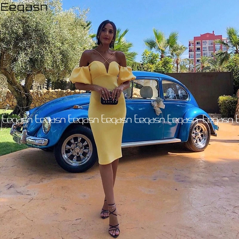 Eeqasn na Altura do Joelho sem Costas Vestidos de Cocktail Formal para Festa de Casamento à Noite Verão Bainha Amarelo Vestido Coctel 2022