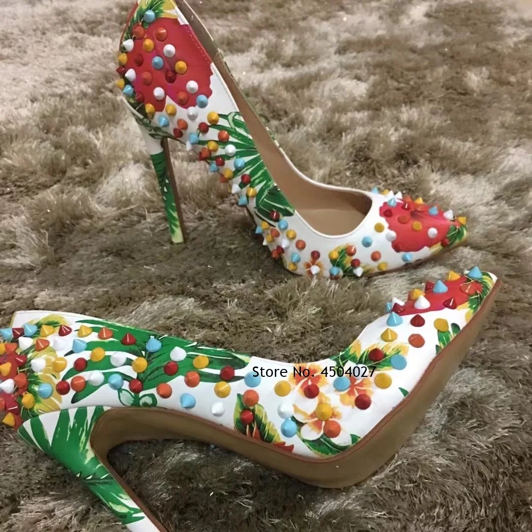 

Multi Rivets High Heels Leaf Red Flowers Printed Pumps Women Spikes Wedding Shoes 12cm 10cm
