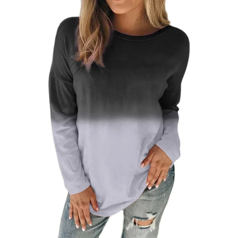 

2021 women's fashion printed tie-dye gradient long-sleeved round neck T-shirt casual sweater