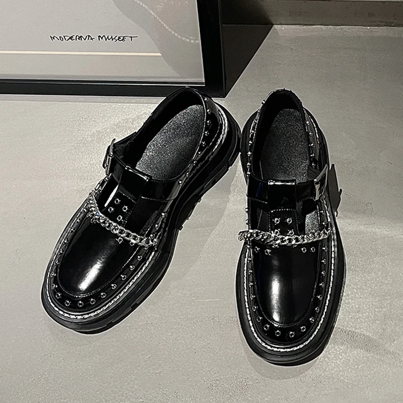 2021 Spring Platform Shoes Woman Metal Rivets Genuine Leather Chunky Heels Pumps for Women Working Women Shoes Platform Shoes