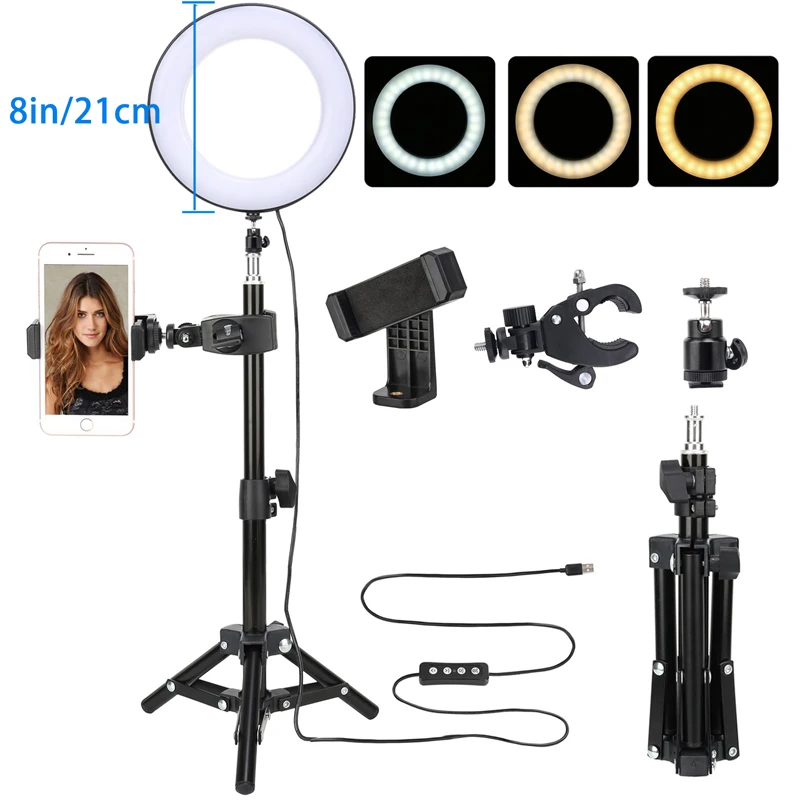 8-in Ring Light Sets Настольный кольцевой светильник " 8" с держателем для телефона Stnad, теплый светодиодный кольцевой светильник для селфи с регулируемой яркостью, светильник для фотосъемки, игры на Youtube, живой светильник ing - Цвет: 8-in Ring Light Sets