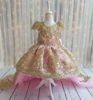 real picture pink and golden lace high low baby girls dresses little princess first birthday dress photography special occasion