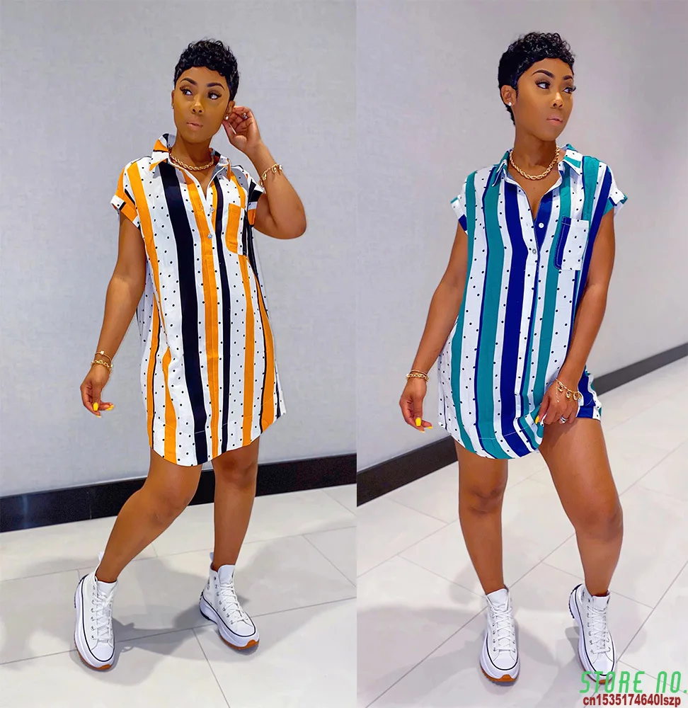 

Summer Striped Shirt Dress Women Fashion Casual Short Sleeve Lapel Pocket Irregular Striped Shirt Dress Women