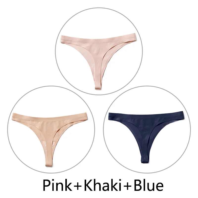 Pink-Khaki-Blue 3 шт./партия, Сексуальные Бесшовные прозрачные трусики, женские трусики с низкой талией, трусики-стринги, нижнее белье, женские трусы-танга, стринги большого размера - Цвет: Pink-Khaki-Blue