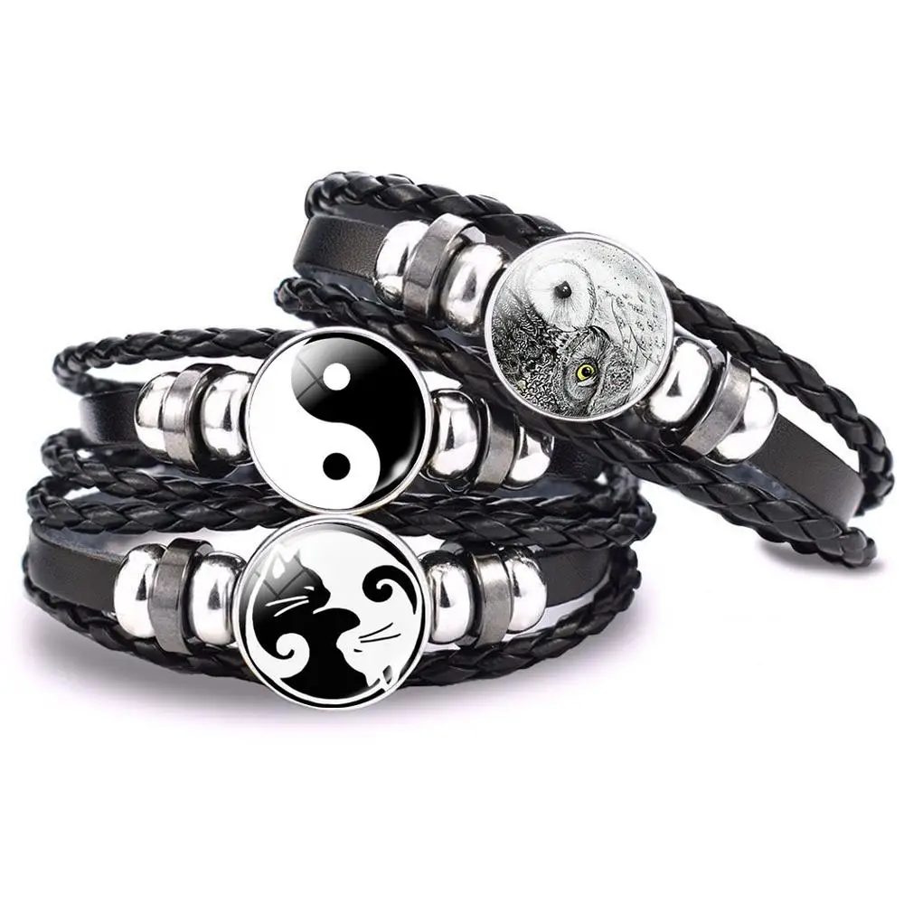 Yin Yang Bracelet Yin Yang Cat Yin Yang Owl Glass Cabochon Braided Multi-layer Black Leather Woven Bracelet for Men Women