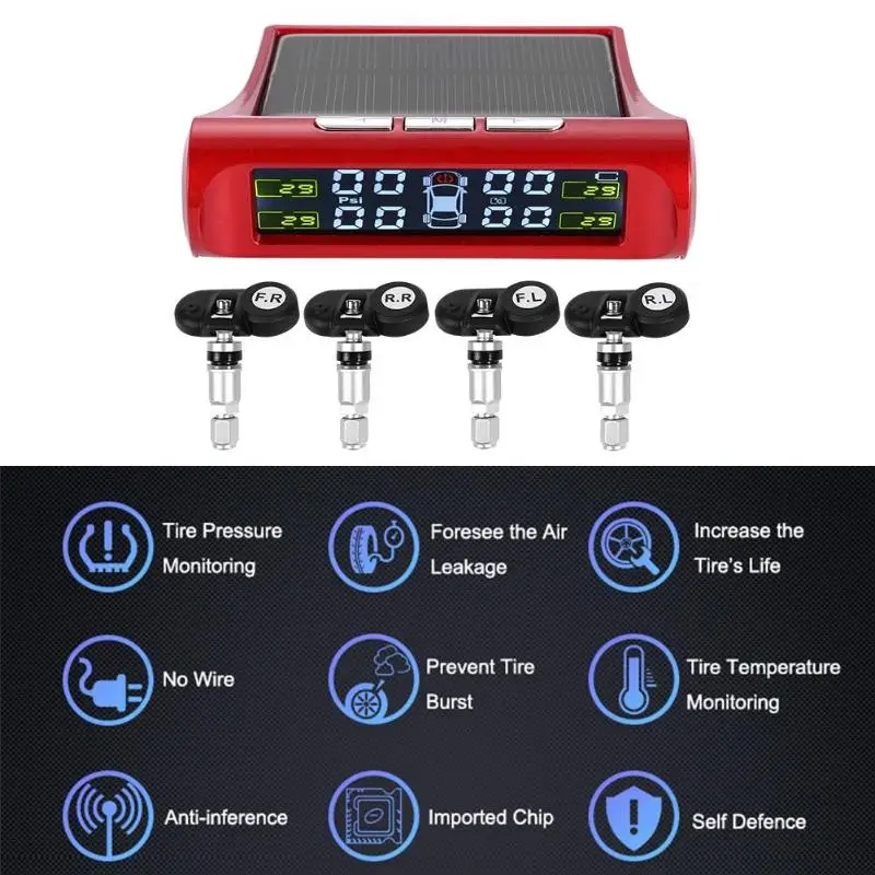 Беспроводной ЖК-дисплей автомобиля TPMS солнечной энергии авто шин давление мониторинг температуры сигнализации с 4 внутренними/внешними датчиками Красный