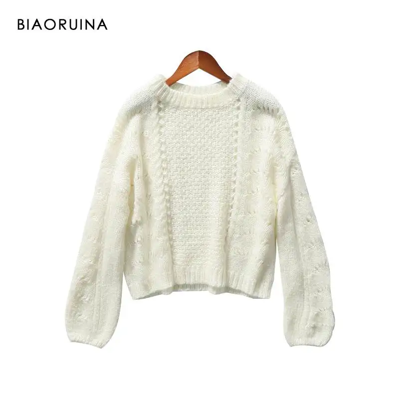 BIAORUINA, 4 цвета, женский корейский стиль, однотонный, с круглым вырезом, вязаный пуловер, женский, свободный, модный, короткий свитер, Новое поступление - Цвет: Белый