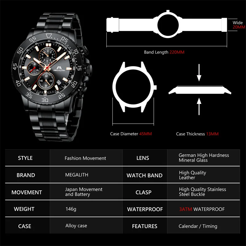MEGALITH мужские часы Топ бренд водонепроницаемые спортивные из нержавеющей стали