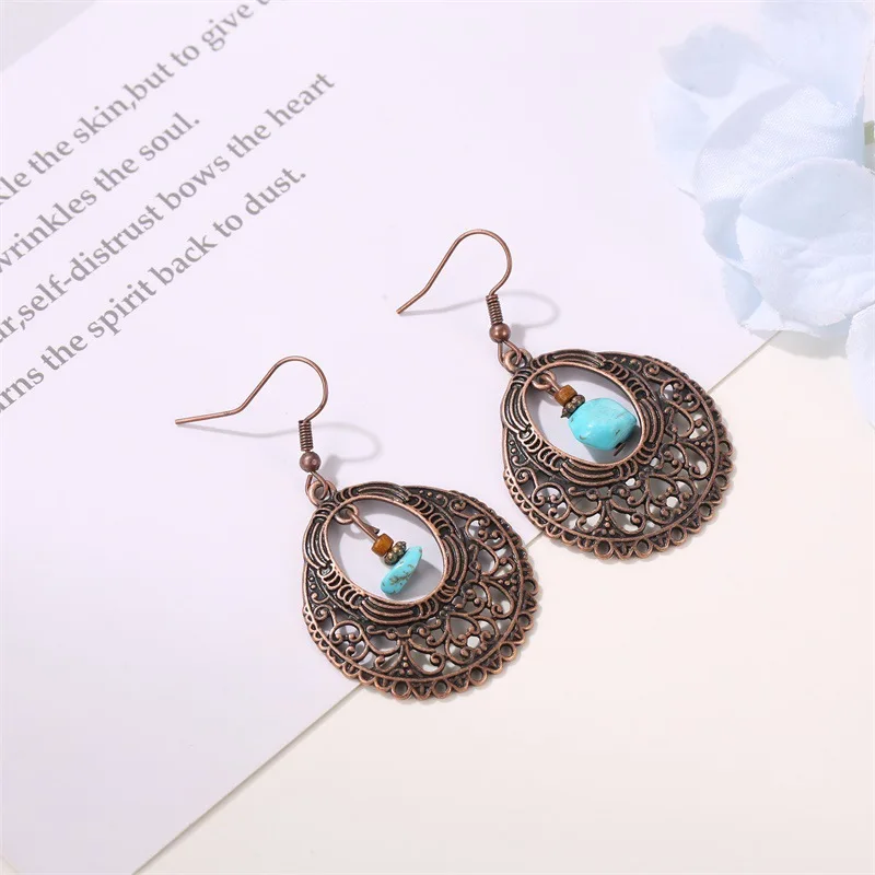 

Vintage Antique Dangle Earrings For Women Ethnic Nartural Stone Retro Gypsy Flower Hollow Pendant Drop Earring Indian Jewelry