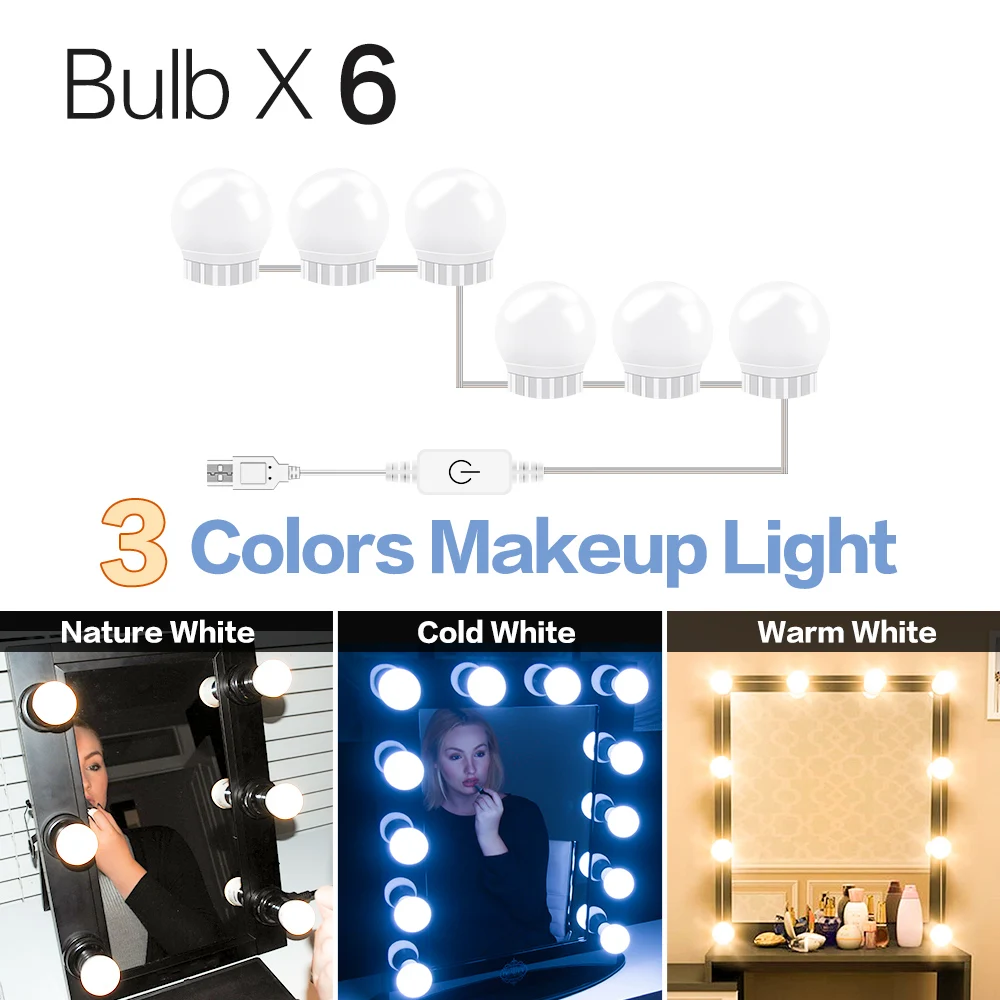 3 Colors 6 Bulbs CanLing светодиодный 12 В макияж лампа 6 10 14 лампы Комплект для туалетный столик Плавная регулировкая яркости Голливуд LED-подсветка маленького зеркала Вт 16 20 - Цвет абажура: 3 Colors 6 Bulbs