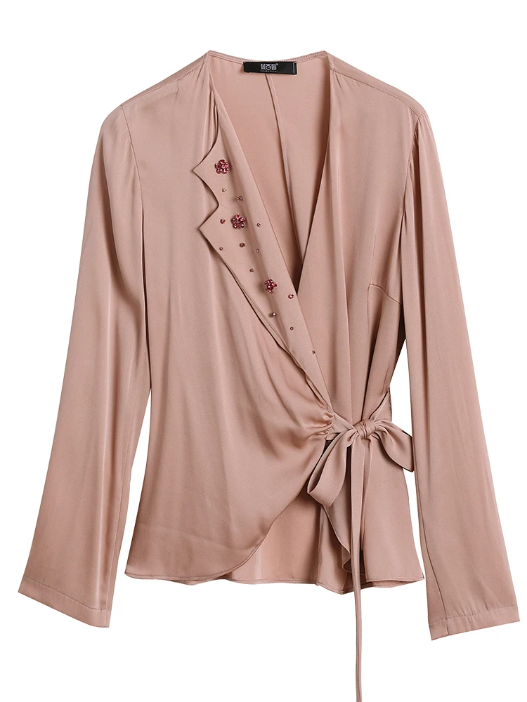 Тяжелая шелковая женская рубашка с длинным рукавом Женская атласная розовая