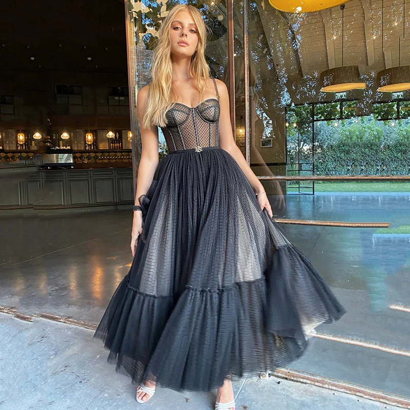 

2021 Black Formal Evening Gowns Polka Dot Party Dress Mid Length Celebrity Graduation Short Prom Dresses Sukienka Wieczorowa
