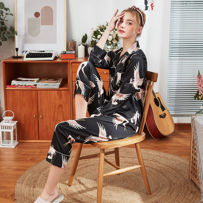 Женская пижама комплект из 2 предметов ночное белье шелк сатин с длинным рукавом