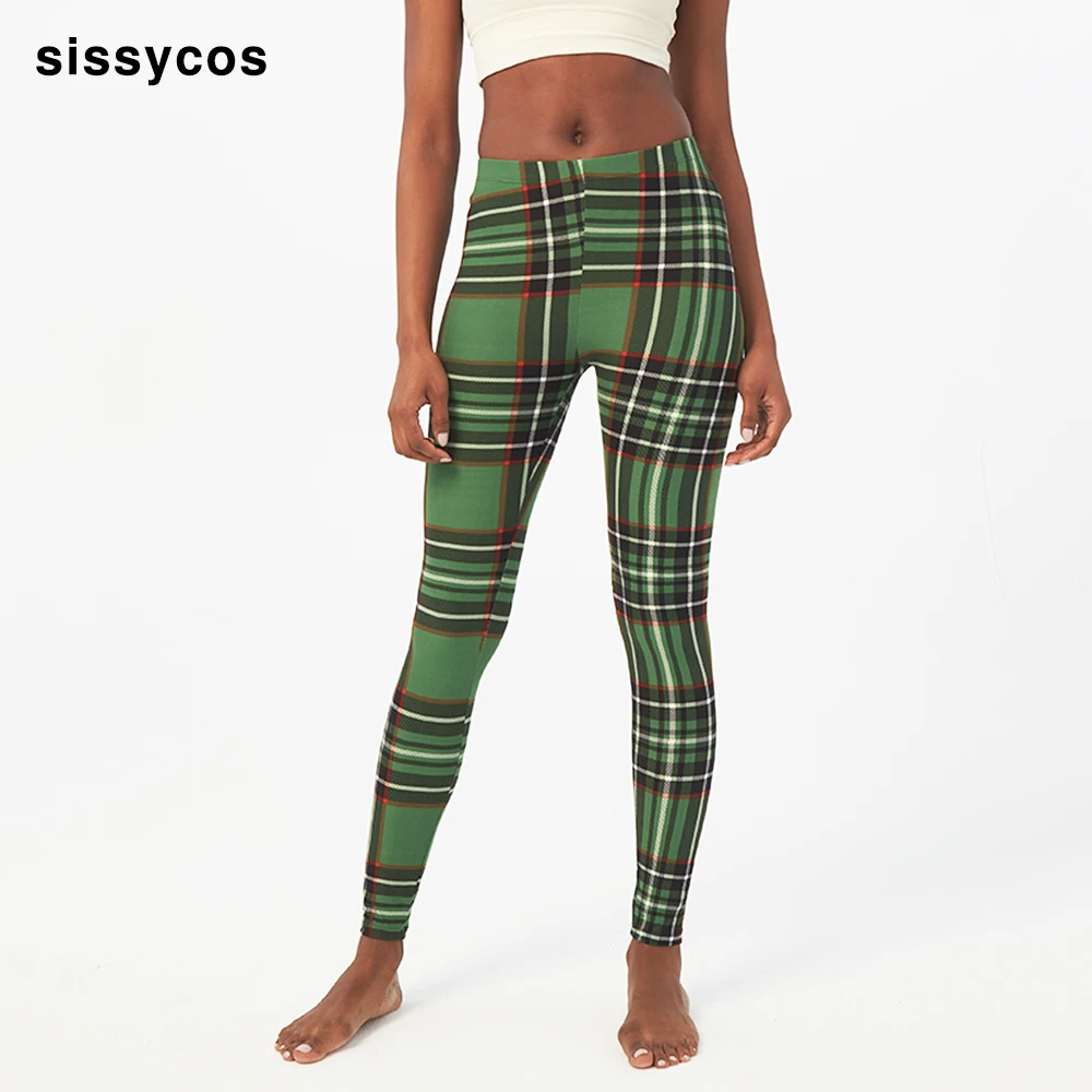 Женские леггинсы в клетку зеленые клетчатые с принтом стиле Св Патрика