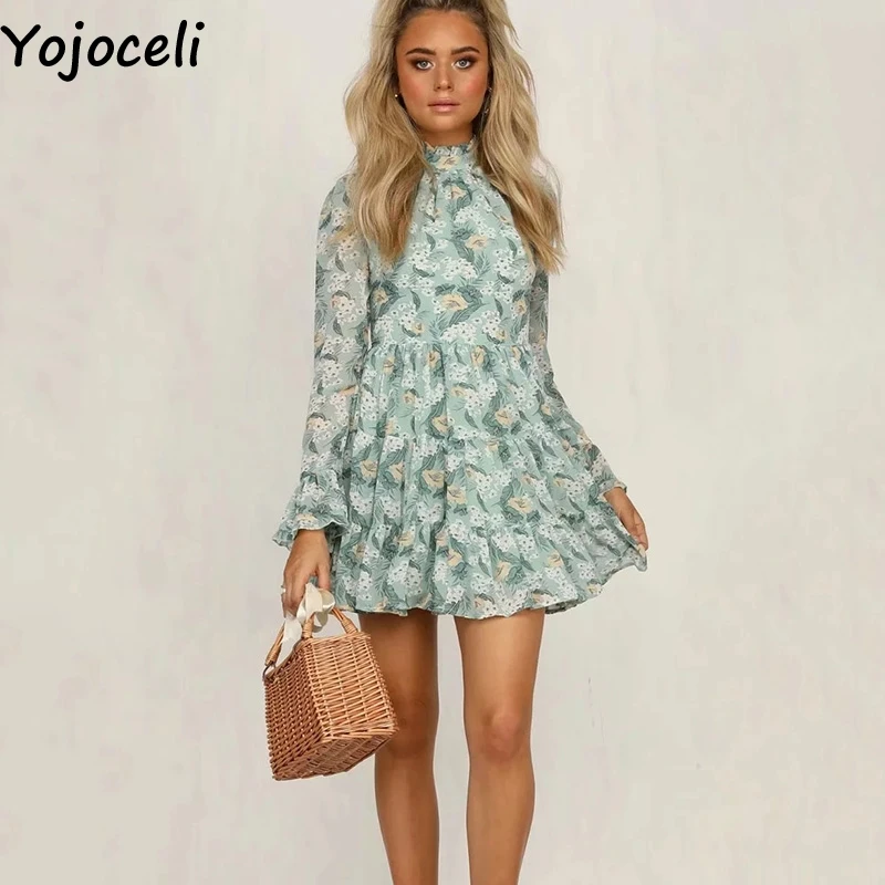Yojoceli сексуальное шифоновое платье с принтом и рюшами Осеннее повседневное