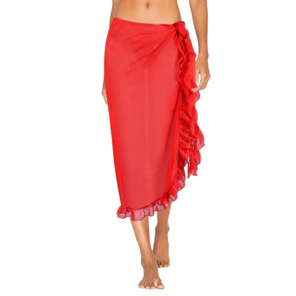 

Women Solid Color Beach Long Skirt Ruffles Sarong Wrap Bikini Cover Up Swimsuit