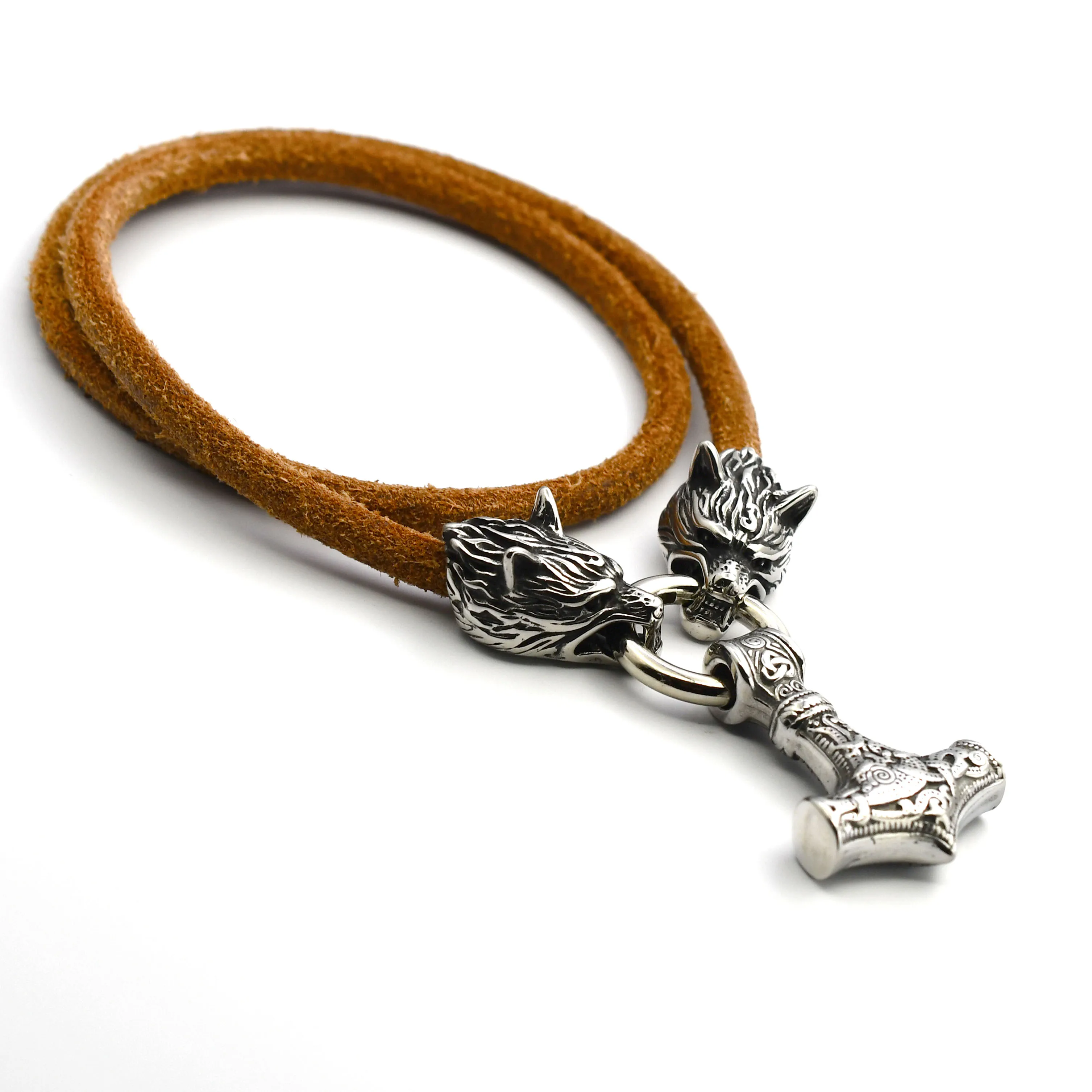 

Men's Viking Wolf Head Leather Chain Odin Thor's Hammer Stainless Steel Pendant Necklace Viking Fashion Jewelry