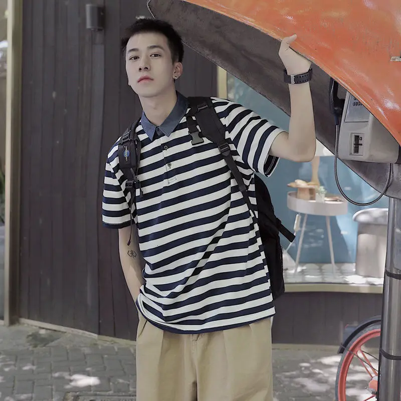 

Летняя хлопковая футболка с коротким рукавом, Мужская модная повседневная футболка с лацканами, Мужская Уличная одежда, Корейская свободна...