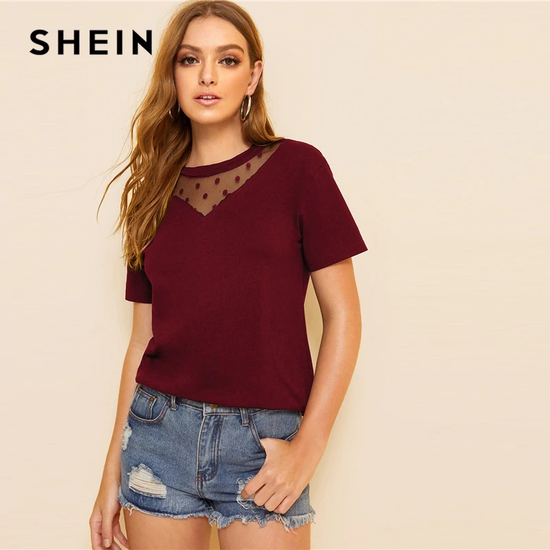 SHEIN, женские рубашки в горошек с сеткой, с коротким рукавом, летняя уличная одежда, повседневная футболка с круглым вырезом, с коротким рукавом, одноцветная футболка, сетчатый топ