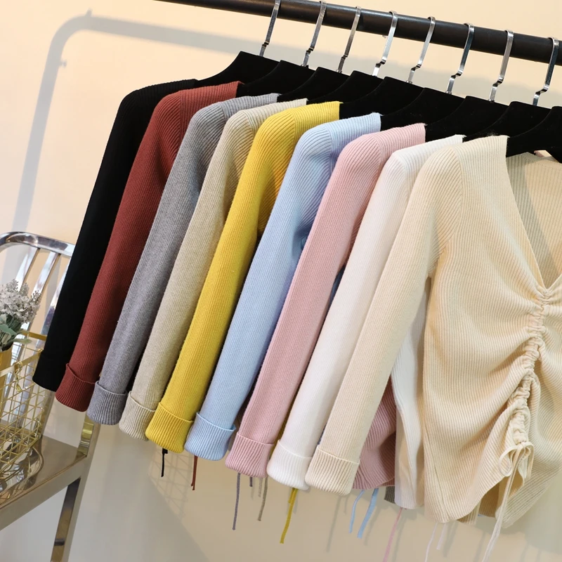 Повседневный вязаный свитер на шнуровке Женский облегающий тонкий джемпер