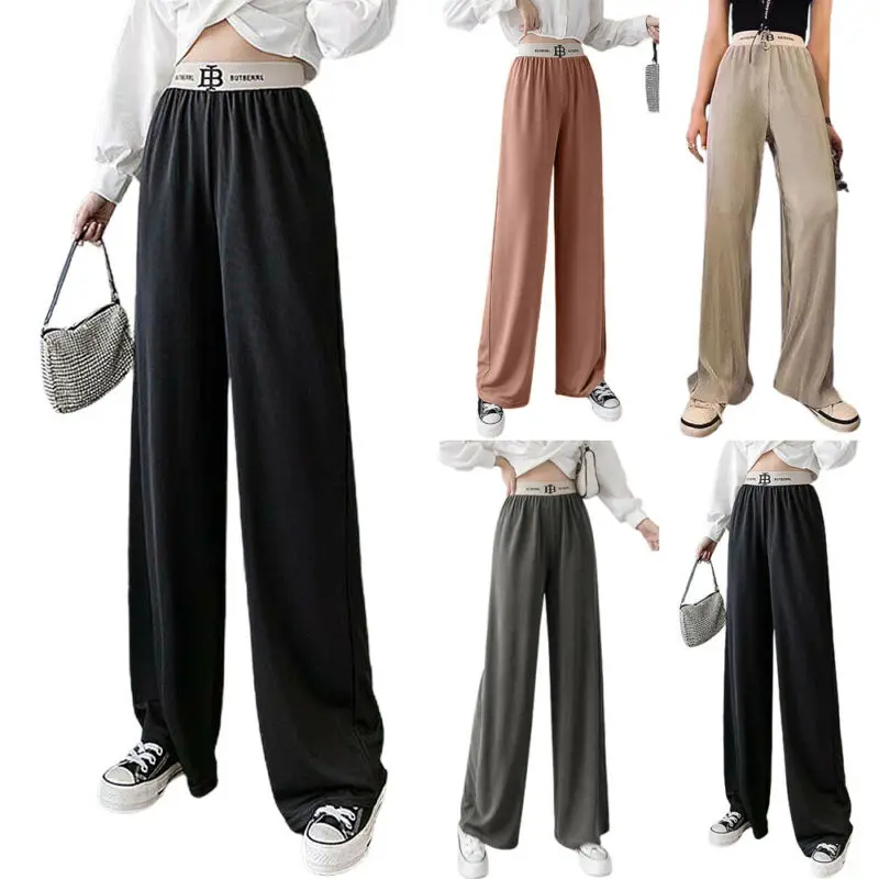 

Женские однотонные свободные брюки с эластичным поясом, прямые широкие летние брюки