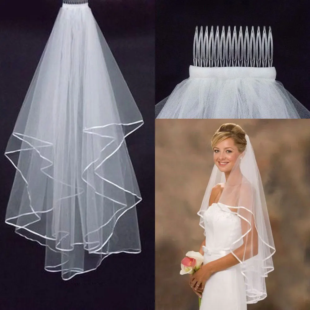 

Tulle White Ivory Two Layers Bridal Veil Ribbon Edge Cheap Bride Accessories 75cm Short Women Veil Comb acessorios para noivas