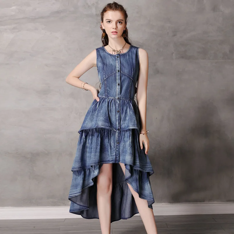 

2020 New Summer Woman Vintage Long Denim Dress O-neck Sleeveless Irregular Ruffles Multi-layer Cake Jeans Dress Vestidos