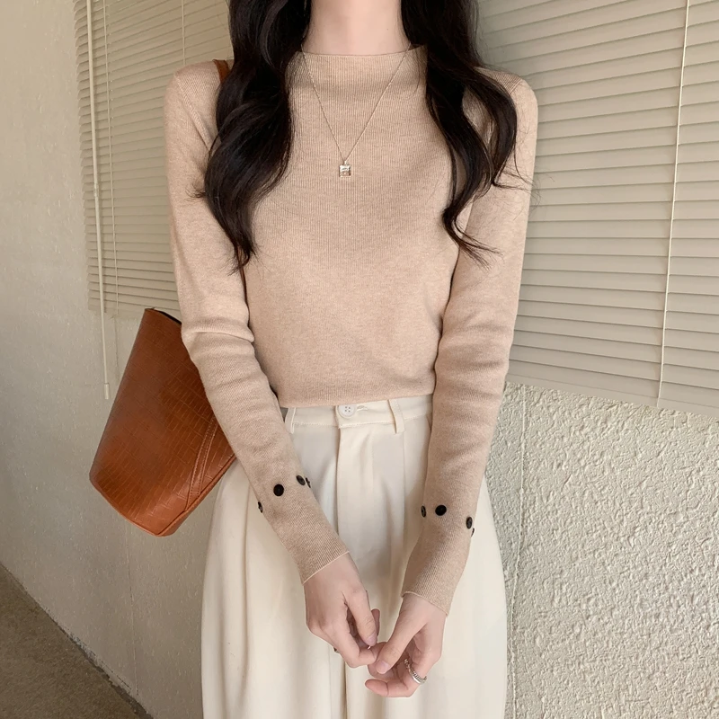 

Autumn Women's Sweater Knitted Tops for Women Solid Long Sleeve Top Woman Slimming Clothing Female 2021 Half High Collar Sweater