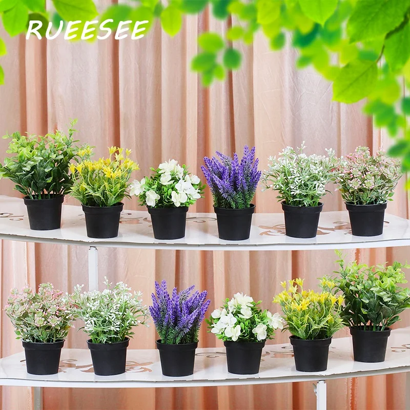 

Lavender Eucalyptus Plants Artificial Flowers Potted Greenery in Pots Faux Houseplant for Home Decoration Green Bonsai 6pcs