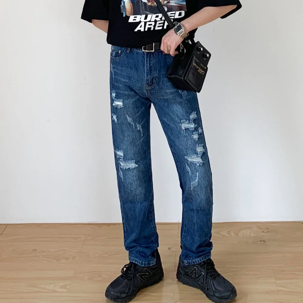 

Men's Ripped Hole Slim Fit Straight Jeans Trousers Male Streetwear Hip Hop Vintage Fashion Beggar Denim Pants