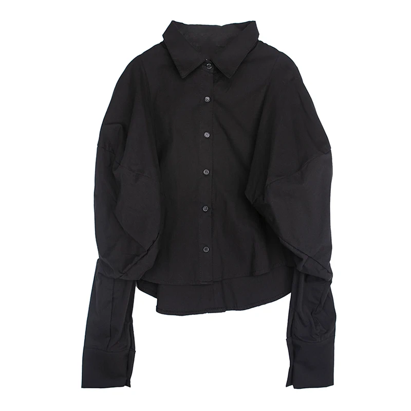 

[EAM] Women White Brief Big Size Blouse New Lapel Long Lantern Sleeve Loose Fit Shirt Fashion Tide Spring Autumn 2021 1DB152