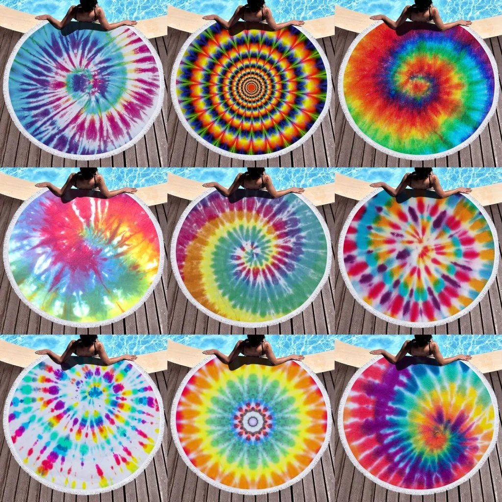 

Factory direct supply round printing beach towel shawl lunch pad rainbow spiral beach towel can be customized