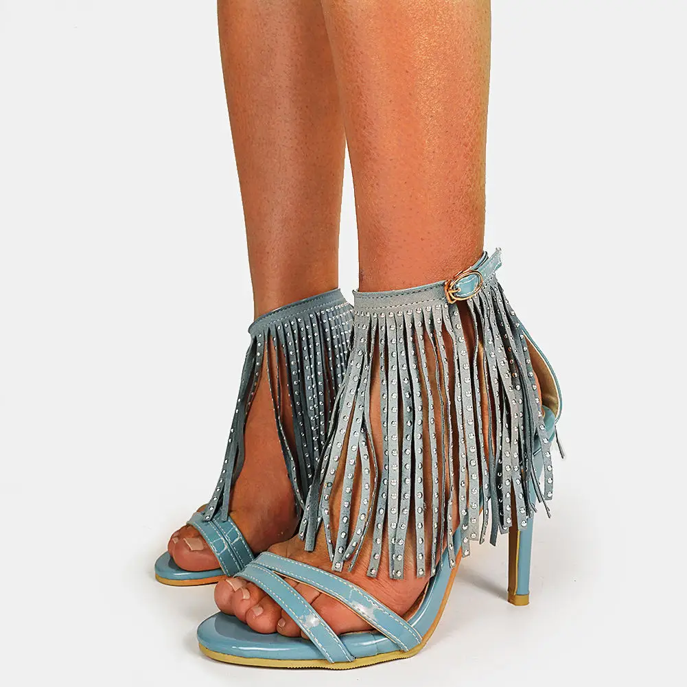 

Large Size 33-50 Female Sexy Fringe Summer Sandals Open Toe Solid Buckle High Heels Party Sandals Women Clubwear Shoes Woman