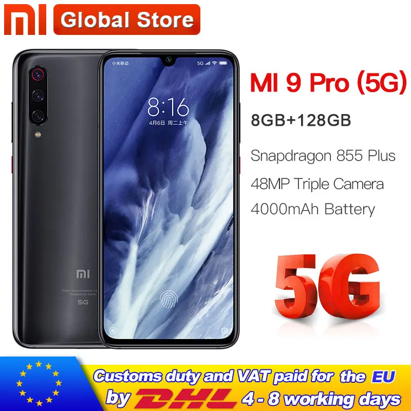 Xiaomi mi 9 pro(5G) 128GB 8GB мобильный телефон mi 9 pro 5G Snapdragon 855plus 5G 48MP Тройная камера 4000mAh 6,39 ''2340x1080