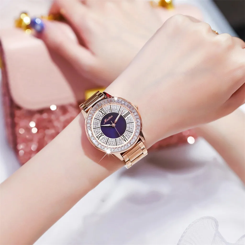 Модные женские часы инкрустированные бриллиантовым циферблатом кварцевые